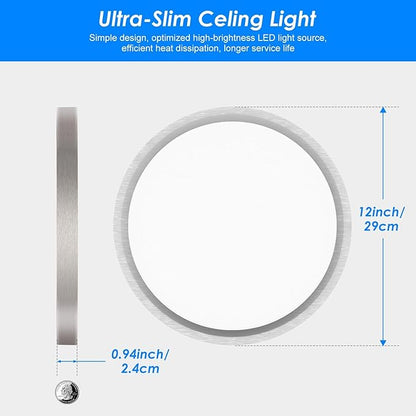 Peasur 12 Inch LED Ceiling Light Brushed Nickel, 24W Slim Flush Mount Ceiling Light 3000K/4000K/6500K Adjustable, Modern Round Ceiling Lighting for Bedroom, Living Room, Kitchen