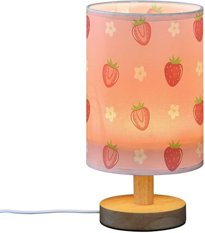 Bedside Table Lamp Cute Strawberry Florals Nightstand Lamp with Wood Fruits Flowers Pink Desk Lamps for Bedroom Living Room Nursery Office Home Decor