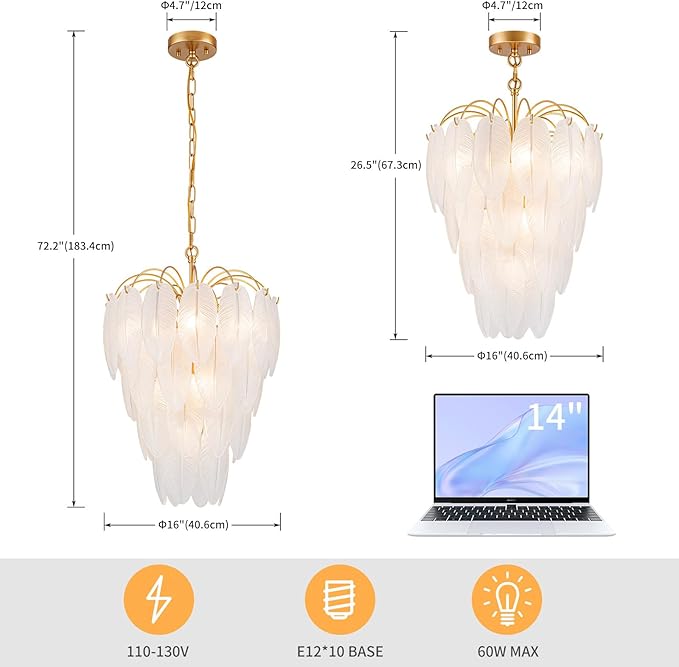 LumFurn 10-Light Gold Chandeliers, Modern Pendant Light Fixture for Dining Room, Staircase, D16 x H27~72" Adjustable Height, Frosted Feather Glass Shade & Gold Finish