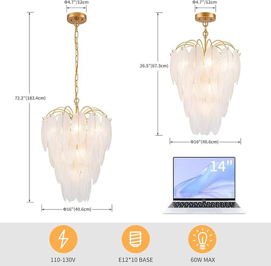 LumFurn 10-Light Gold Chandeliers, Modern Pendant Light Fixture for Dining Room, Staircase, D16 x H27~72" Adjustable Height, Frosted Feather Glass Shade & Gold Finish