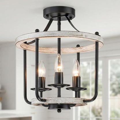 Farmhouse Semi Flush Mount Ceiling Light Fixtures, Industrial Rustic Ceiling Lamp Metal Cage Hallway Light Fixtures(3-Light Whitewashed Wood Finish)
