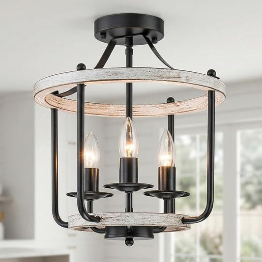 Farmhouse Semi Flush Mount Ceiling Light Fixtures, Industrial Rustic Ceiling Lamp Metal Cage Hallway Light Fixtures(3-Light Whitewashed Wood Finish)