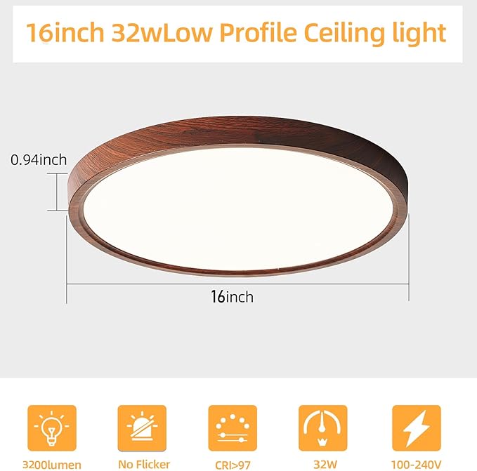 HEYAN Walnut Wood Flush Mount Ceiling Light Fixture,16 Inch Dimmable LED Ceiling Light with 3000K-4000K-6000K Selectable Flat Low Profile Round Ceiling Lights for Bedroom Hallway Laundry (1 Pack)