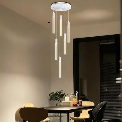Luxury 6-Light Silver Bubble Crystal Column Chandelier, Dimmable LED Adjustable Height Pendant Light for Kitchen Island, Living Room, Foyer, Staircase
