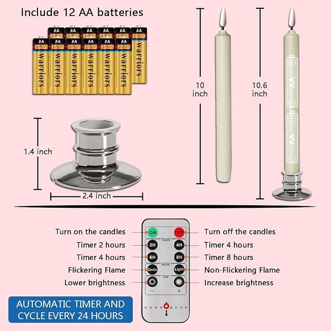 Set of 6 Flameless Ivory Wax Windows Candles with 12 AA Batteries(Include, Run More Than 400 Hours) and 6 Sliver Candlesticks.10 Inch, Flickering Battery Operated LED Candle Lights, Remote/Timer