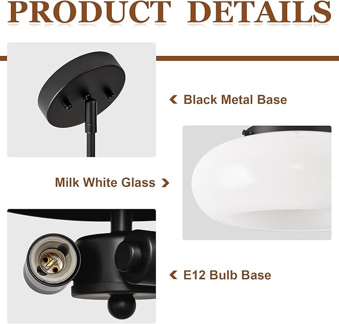WOKNOS Mid-Century Modern Black Semi Flush Mount Ceiling Light, 3-Light Kitchen Light Fixtures with Glass Shade for Entryway Hallway Bathroom Bedroom (12.6 Inch)
