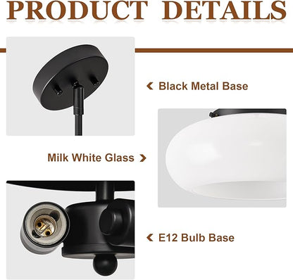 WOKNOS Mid-Century Modern Black Semi Flush Mount Ceiling Light, 3-Light Kitchen Light Fixtures with Glass Shade for Entryway Hallway Bathroom Bedroom (12.6 Inch)