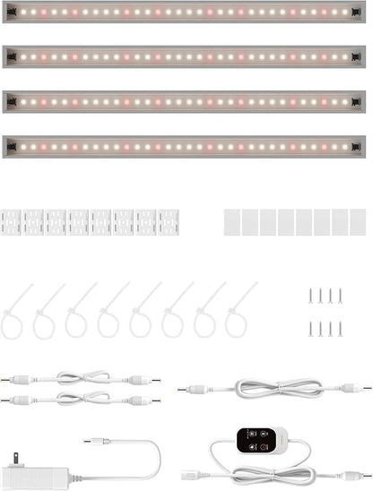 Smart Grow Light for Indoor Plants,3500K Full Spectrum LED Plant Light Strips with 3/9/12H Auto Timer,Stepless Dimming,Modular Design，Plug and Play (White, 4 Pack)