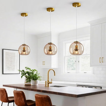 Light Coffee Glass Pendant Lights Kitchen Island Gold Hanging Light Fixture Glass Globe Pendant Light Modern Pendant Lighting for Kitchen Island Bedroom Dining Room (7.87", 2 Pack)