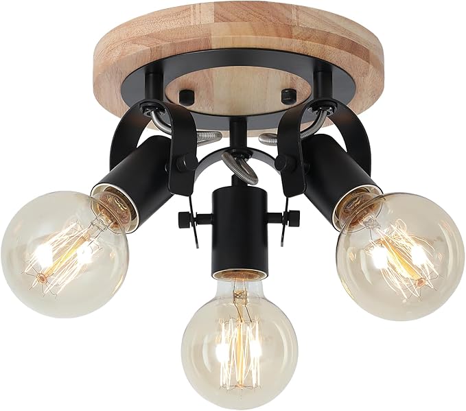 3-Light Round Flush Mount Ceiling Light，Rustic Ceiling Track Lighting with Wooden Base, Adjustable Multi-Directional Kitchen Light fixtures for Dining Room Hallway Entryway Bedroom.