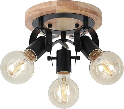 3-Light Round Flush Mount Ceiling Light，Rustic Ceiling Track Lighting with Wooden Base, Adjustable Multi-Directional Kitchen Light fixtures for Dining Room Hallway Entryway Bedroom.