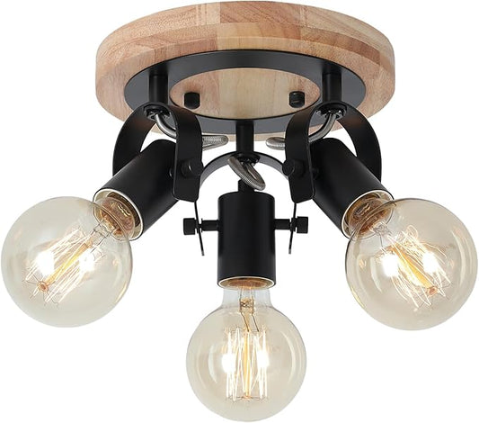 3-Light Round Flush Mount Ceiling Light，Rustic Ceiling Track Lighting with Wooden Base, Adjustable Multi-Directional Kitchen Light fixtures for Dining Room Hallway Entryway Bedroom.