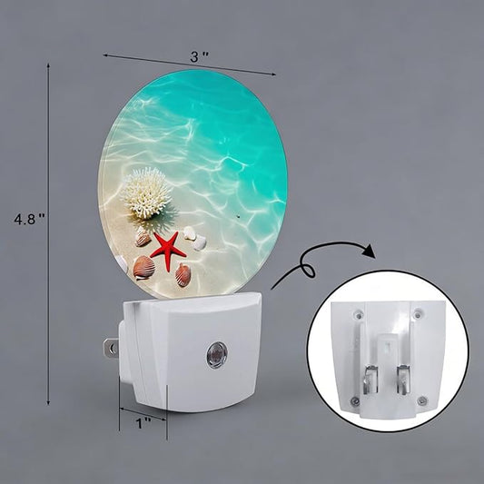 Beach Seashell Starfish Plug in Night Light Auto Light Round Lamps Energy Saving Gift for Women Men Friends