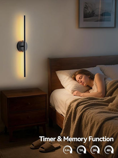 Battery Operated Wall Sconces Set of 2, Rechargeable LED Wall Lights with Remote & Touch Control, 350° Rotatable, 30 Inch Black Dimmable & Timer Modern Wireless Wall Lamps for Bedroom Living Room
