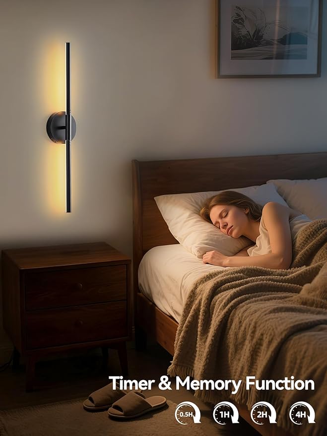 Battery Operated Wall Sconces Set of 2, Modern Wireless Wall Lights with Remote & Touch Control, 24 Inch Black Dimmable Rechargeable LED Sconce with 3 Colors & Timer for Bedroom, Living Room, Hallway