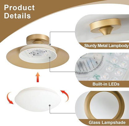 Dimmable Modern Mid-Century Ceiling Light, White and Gold LED Semi Flush Mount Ceiling Light, 5CCT 2700K-6000K Lighting Fixture Ceiling Lamp with Glass Shade for Bedroom Kitchen Living Room, 15.8in