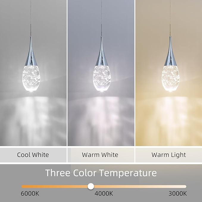 JoollySun Mini Crystal Pendant Light: 1-Light Teardrop Dimmable 3-Color(3000K-6000K) LED Pendant for Kitchen Island Bathroom - Polished Chrome
