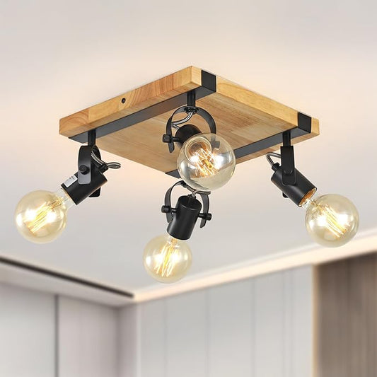 Farmhouse Wooden Flush Mount Ceiling Lamp,4-Light Directional Ceiling Spotlight Track Light Kits,Rustic Farmhouse Kitchen Light Fixtures for Kitchen Bathroom Bedroom Hallway.