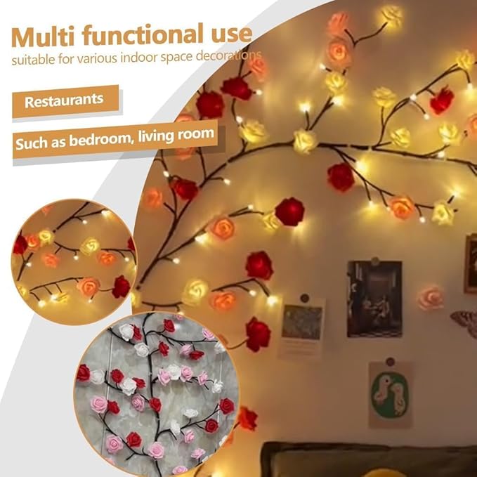 Rose LED Tree Branch Lights for Wall,Rose Blossom Willow Vine Branch Room Decor Gift,Flexible DIY Design,with 72 LED Lights and Remote,8 Lighting Modes,for Bedroom and Wall Decor (63inch)