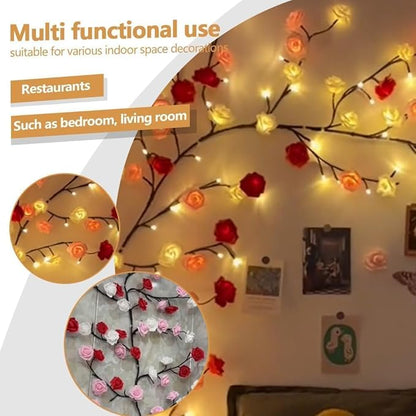 Rose LED Tree Branch Lights for Wall,Rose Blossom Willow Vine Branch Room Decor Gift,Flexible DIY Design,with 48 LED Lights and Remote,8 Lighting Modes,for Bedroom and Wall Decor (47inch)