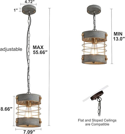 Farmhouse Pendant Light, Adjustable Metal and Wood Chandelier Light Fixture, Rustic Pendant Lighting for Kitchen Island, Bedroom, Dining Room and Entryway, Blue Gray