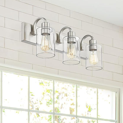 Emliviar 3-Light Vanity Light Fixture - Modern Bathroom Light Fixtures Over Mirror, Brushed Nickel Finish with Clear Glass, YCE237B-3W BN