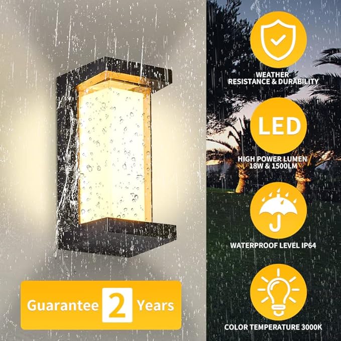 3000K LED 18W Aluminum Rectangular Outdoor Wall Sconce Exterior Light Outside Light Fixture, Black with Warm White, IP64 Waterproof Wall Lights for House Patio Porch Garage