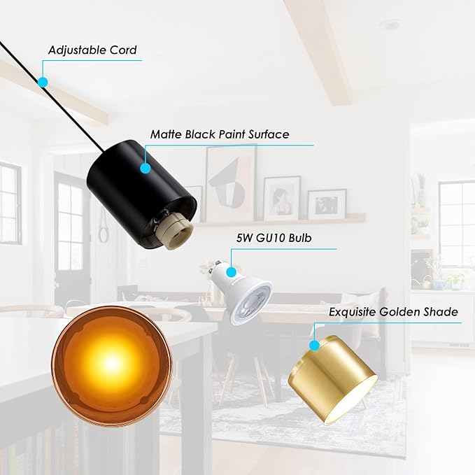 Black and Gold Pendant Light 3 Pack - Small Pendant Lights Kitchen Island with GU10 Bulbs, Minimalist Hanging Light for Dining Room Bedroom Bar, 5W 4000K