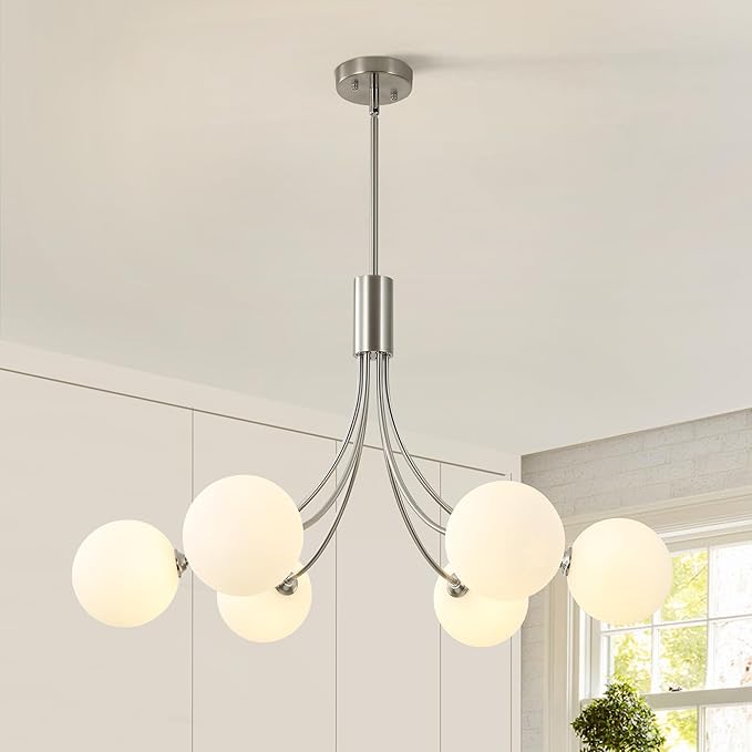 CNRATYE 6-Light Brushed Nickel Chandelier, Modern Dining Room Light Fixture Hanging, Sputnik Chandelier for Living Room Kitchen Island Bedroom Entryway, Milk White Globe Glass Shade