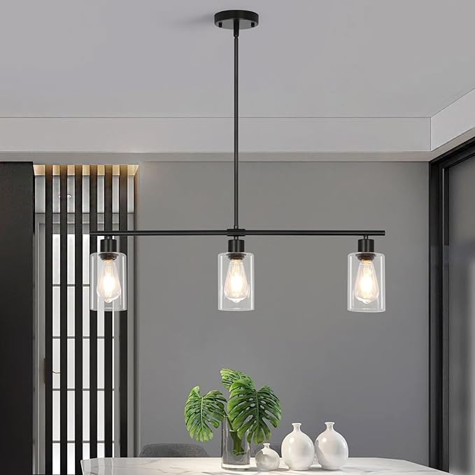 3-Light Kitchen Island Lighting, Farmhouse Dining Room Light Fixtures Over Table, Modern Brushed Nickel Island Lights Over Island, Linear Chandelier Hanging Ceiling Pendant Light Fixtures for Kitchen