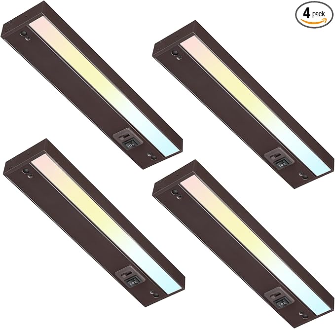 TORCHSTAR 4-Pack 12 Inch LED Under Cabinet Lighting 5CCT, ETL T24, 8W 600LM, Hardwired & Plug-in, 5 Color Selectable CRI90 120V Dimmable Under Counter Lights for Kitchen, Bronze Aluminum Housing