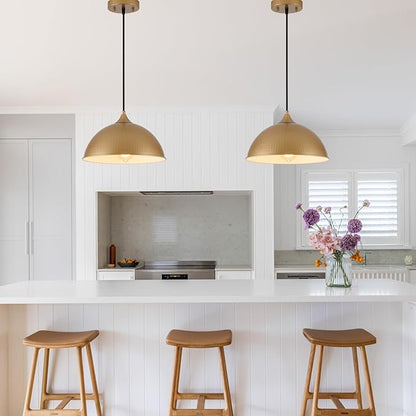 Pendant Lights Kitchen Island, 12" Gold and White Dome Pendant Light Vintage Industrial Hanging Light Fixtures for Dining Room Restaurant Cafe Entryway