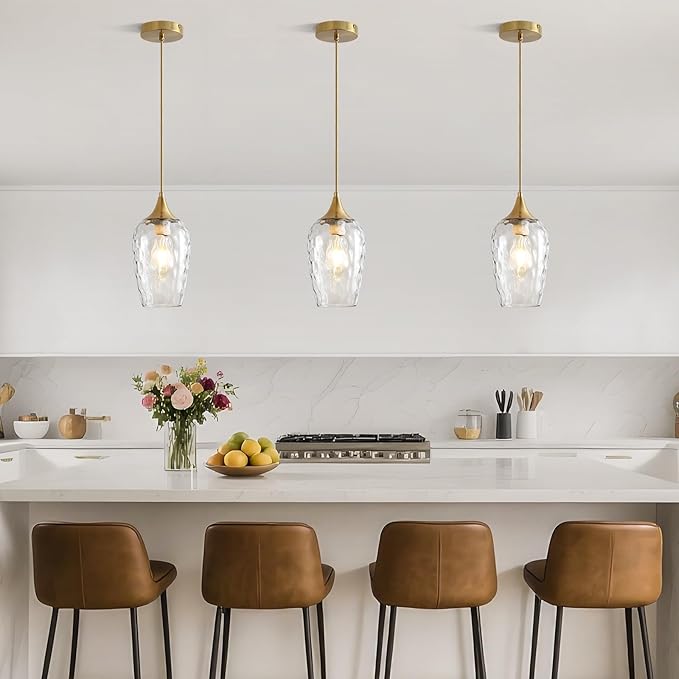 Glass Pendant Lights Kitchen Island, Gold Pendant Light Fixtures with Hand-Blown Clear Glass Modem Farmhouse Hanging Light for Kitchen Sink Dining Room Bedroom