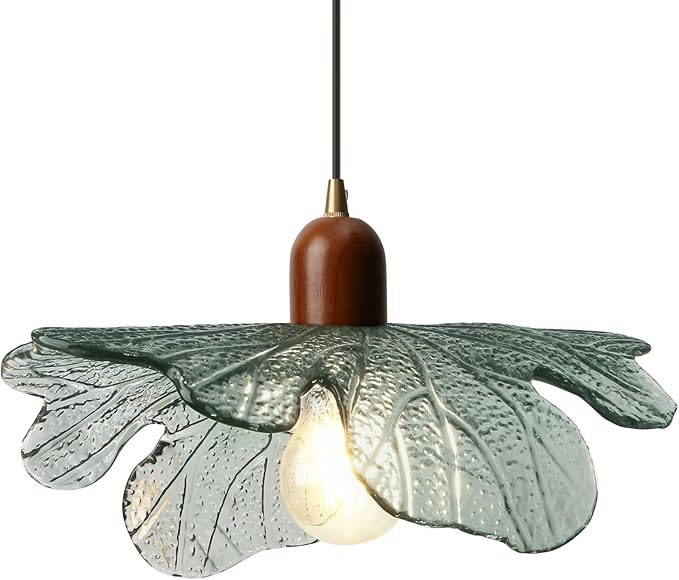 Mid Century Modern Dark Green Flower Pendant Light, Glass Adjustable Hanging Light Fixture E26 Base for Kitchen Island Living Room Bedroom Entryway