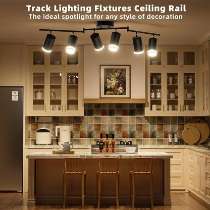 Ketom 6-Light Track Lighting Fixtures Ceiling, GU10 Black Led Ceiling Spotlight, Modern Track Light Kit for Kitchen Bedroom Living Room
