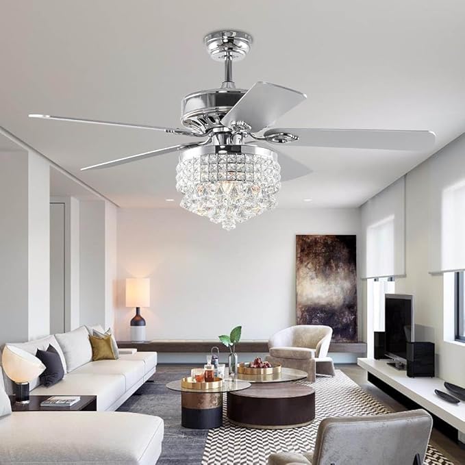 52Inch Crystal Ceiling Fan with Lights, 5 Wood Blades and Gorgeous Light Fixture, Modern Fandelier Ceiling Fan with Noiseless Motor, Chandelier Fan with Remote for Bedroom,Living Room