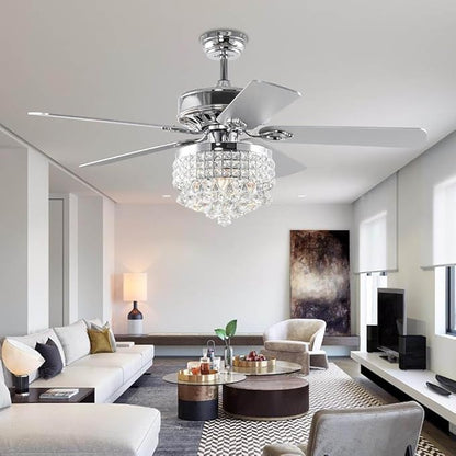 52Inch Crystal Ceiling Fan with Lights, 5 Wood Blades and Gorgeous Light Fixture, Modern Fandelier Ceiling Fan with Noiseless Motor, Chandelier Fan with Remote for Bedroom,Living Room