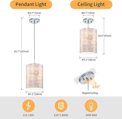 LumFurn D7 inch Capiz Shell Chandelier, 1-Light Coastal Design Pendant Light Fixture for Dining Room, Kitchen Island, D7 x H18~66 in(Adjustable Height), Shell Lampshade & Chrome Finish Frame