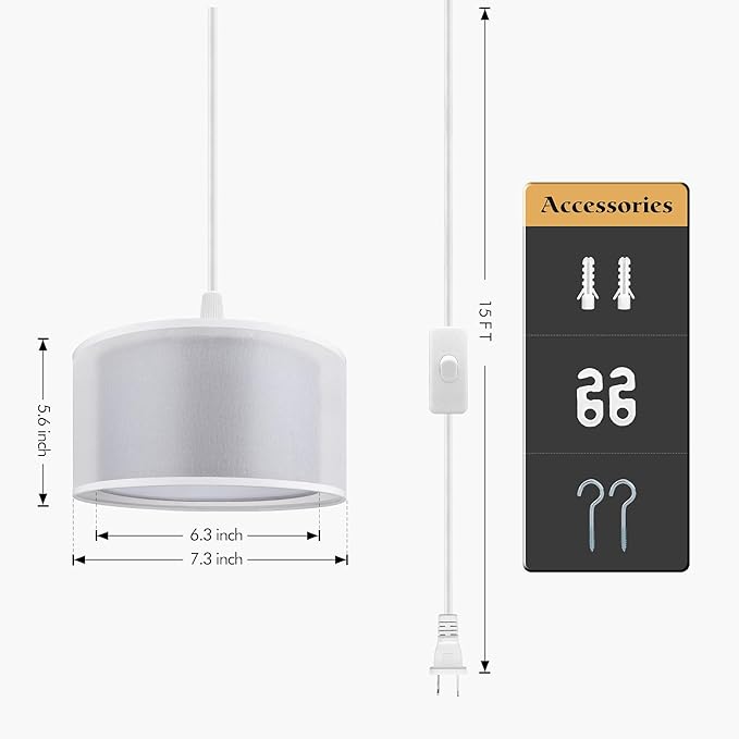 Plug in Pendant Light, 15FT White Cord Hanging Lights with Plug in Cord, Hanging Light with On/Off Switch, Double Linen Shade Fabric Design, Pendant Llight Fixture for Bedroom Restaurant Grey