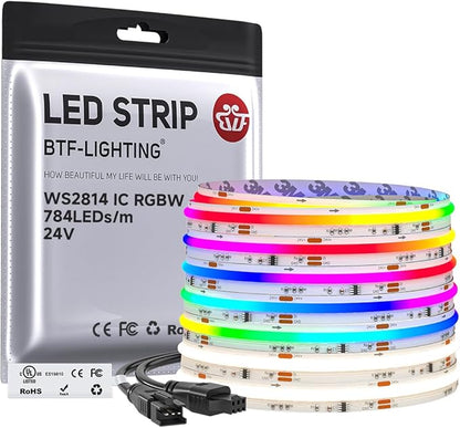 BTF-LIGHTING FCOB COB LED Strip Light, WS2814 Smart IC RGBW 4000K Color Chasing Light, UL Listed DC24V 24FT 784LEDs/m High Density 10mm Width for Home Party DIY Decor(No Adapter or Controller)