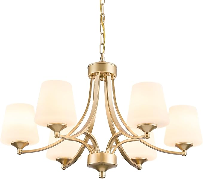 6-Light Modern Gold Chandeliers for Dining Room 47.2'' Adjustable Height Farmhouse Pendant Light with Frosted Glass Shades,Gold Round Chandeliers Hanging Lamp for Kitchen Island Dining Table Entryway