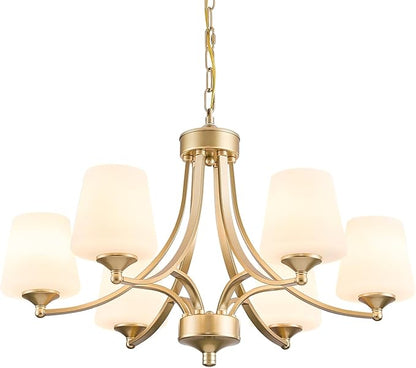 6-Light Modern Gold Chandeliers for Dining Room 47.2'' Adjustable Height Farmhouse Pendant Light with Frosted Glass Shades,Gold Round Chandeliers Hanging Lamp for Kitchen Island Dining Table Entryway