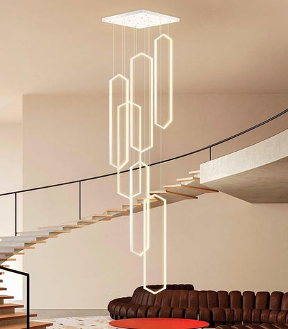 6-Rings Modern Chandelier White Large Contemporary LED Dimmable Light for Living Room Entrance High Ceiling Chandeliers with Remote Control for Villa Foyer