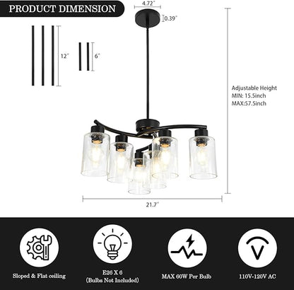 6-Light Modern Chandelier Black Chandeliers for Dining Room Seeded Glass Pendant Lights for Kitchen Island Living Room Foyer Bedroom E26 Base