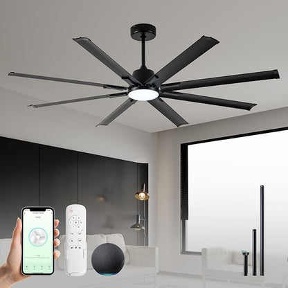 Minislak 72 Inch Ceiling Fan with Light,Industrial Ceiling Fan with 8 Black Aluminium Blades,Smart Fan Compatible with Alexa,Garage Outdoor Indoor Fan for Patio and Living Room