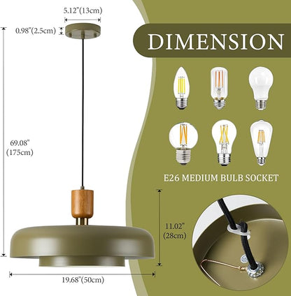 Mid Century Pendant Light 19.68" - Natural Wood Brass Accent, 2-Layer Deep Green Shade for Dining Room Kitchen