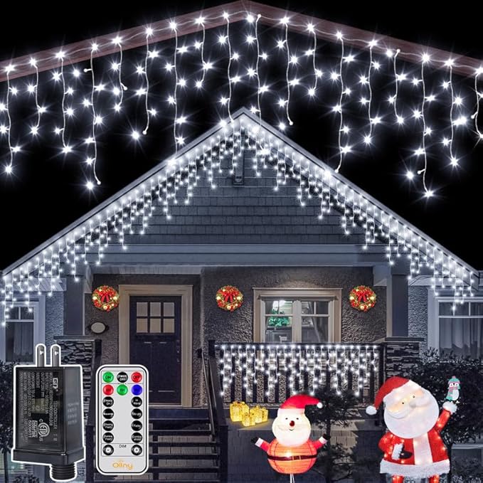 Ollny Icicle Lights for Outside 504LED 41FT, Cool White Christmas Light with Remote 8Modes Timers Waterproof, Plug in Connectable Hanging Lights for Outdoor Indoor House Roof Holiday