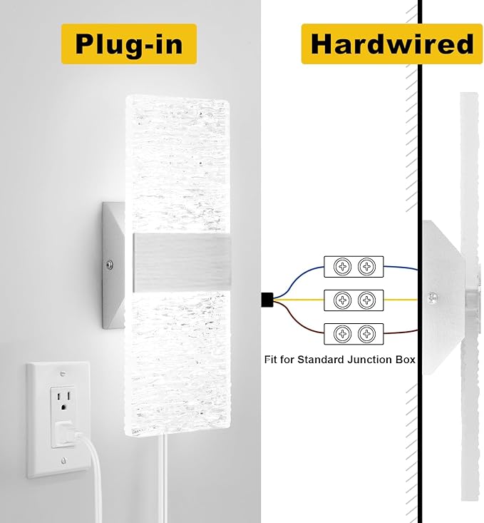 GOODATE Plug in Wall Sconces with Adjustable 3000K-6500K Colors & 10%-100% Brightness, Sconces Wall Decor Set of 2 with Remote Control, 12W Acrylic LED Plug in Wall Light (2 Pack, Corrugated Finish)