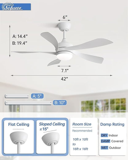 Sofucor 42" Smart Ceiling Fan, Indoor/Outdoor White Ceiling Fans with Lights and Remote, Works with Alexa/Google/App, 3-Color Light 6-Speed Timing Reversible DC Motor for Bedroom Living Room Patio
