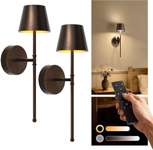 UME Wireless Sconces Set of 2 with Remote, 5200mAh Battery Powered Sconces - Small Rechargeable Sconces w/ 3 Color Temps & 5 Brightness Levels for Bedroom, Living Room, Wall Painting, Cafe (Coffee)